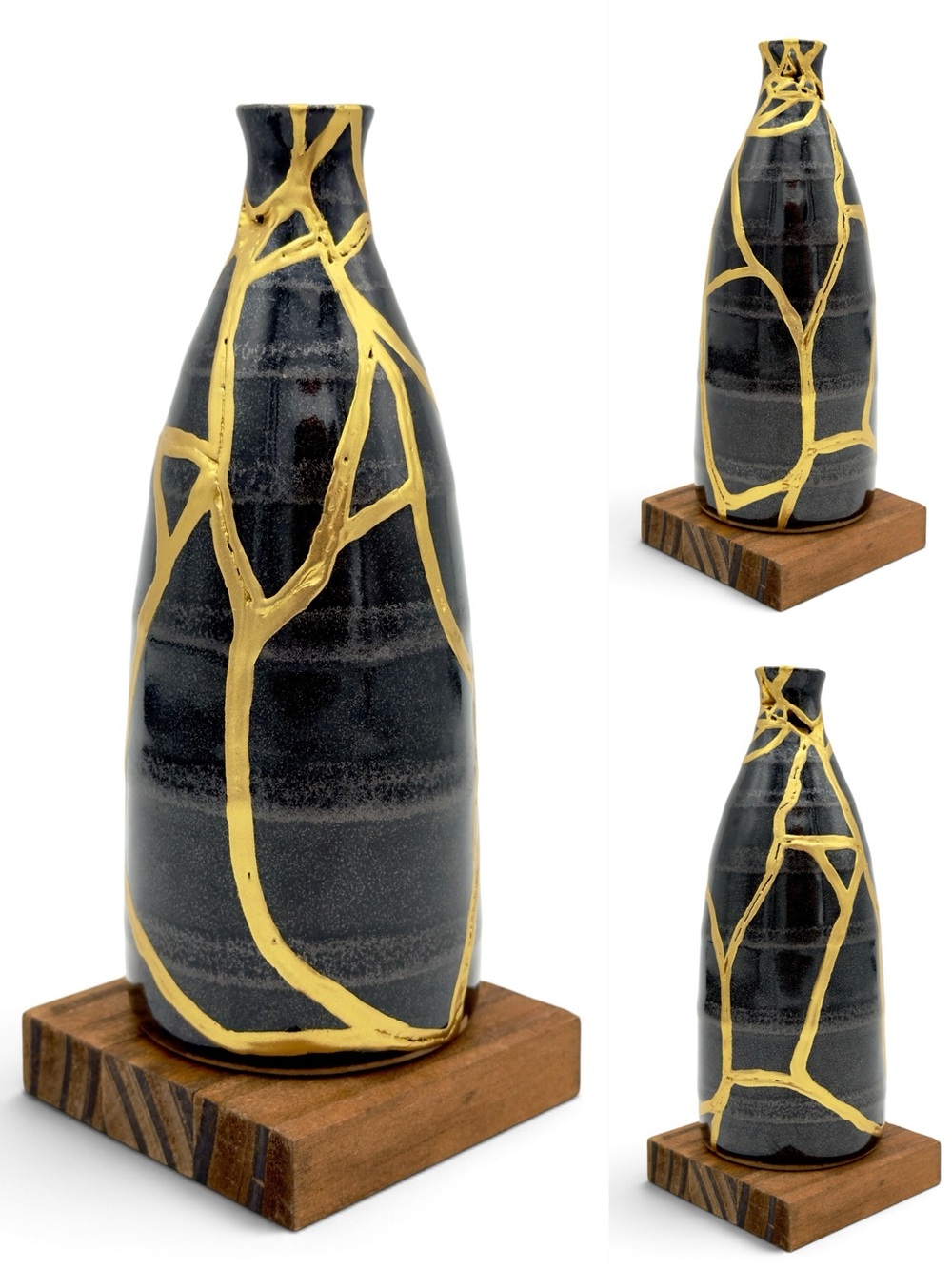 Kintsugi Vase Striped Black Pottery Gold Crack Art Growth Anniversary Gift
